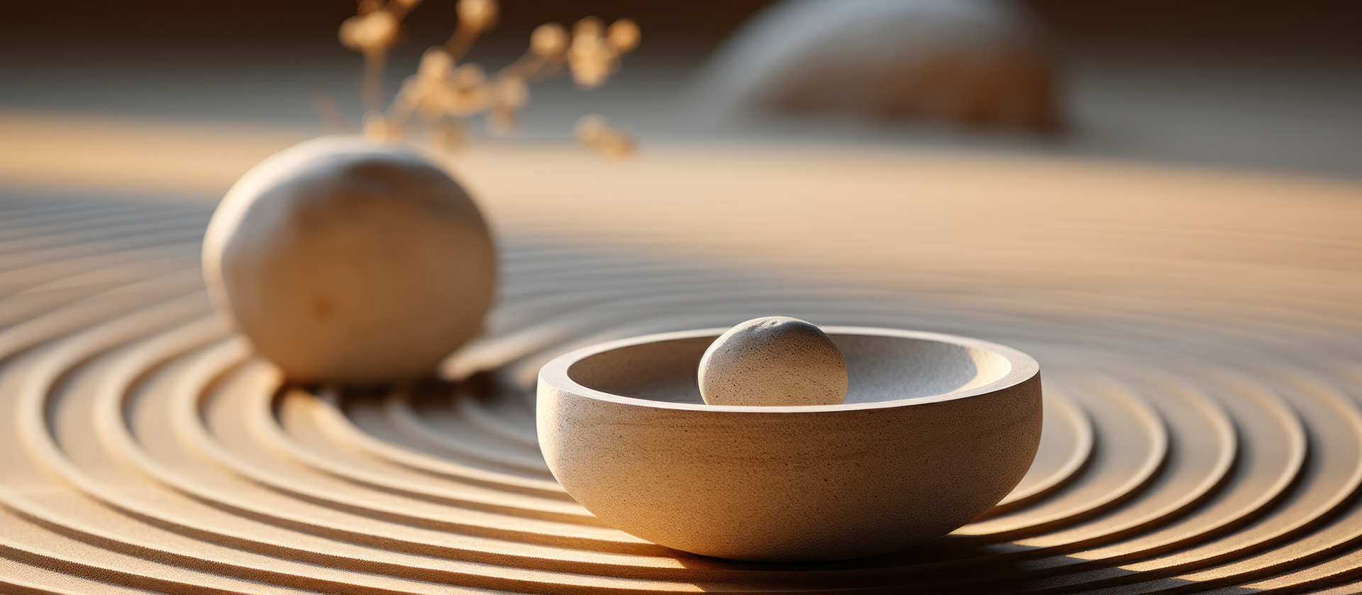 A serene arrangement of stones and a bowl in a sand pattern, evoking tranquility and mindfulness.